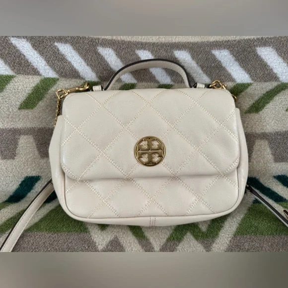 Tory Burch Willa Mini Top Handle Bag in Brie Retail $498 Quilted Leather Ivory